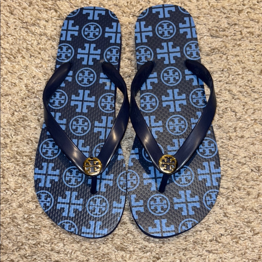 Tory Burch Navy and Gold Patterned Flip Flops